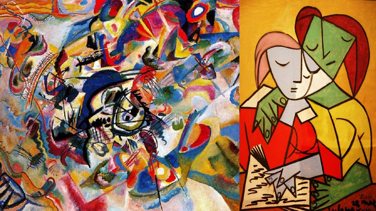 a collage of composition VII and two girls reading 