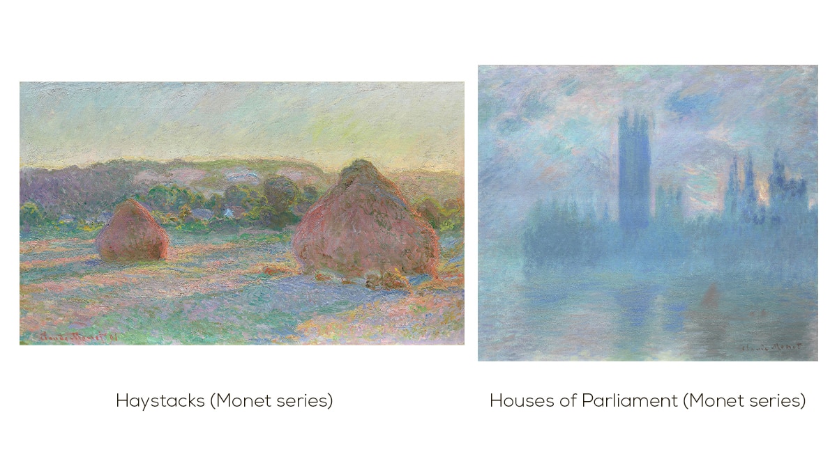 Haystacks and House of Parliament show repetition of subjects