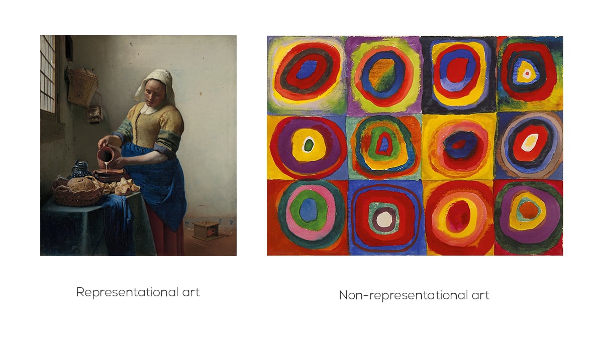 Left image show The Milkmaid painting and right image show Color study: squares with concentric circles