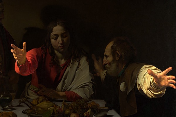 The Supper at Emmaus (1601) by Caravaggio showing foreshortening through extended arms