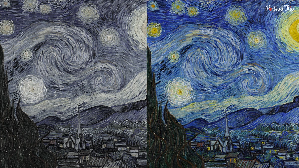 the starry night painting in high and low contrast