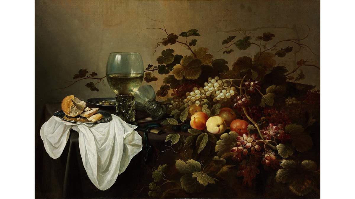 The painting of still life with fruit and roemer by Pieter Claesz