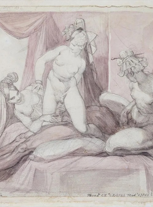 Drawing of an Erotic Scene with Three Women and One Man by Henry Fuseli