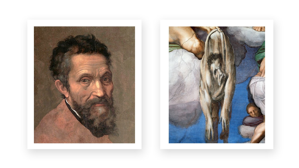 A collage of Michelangelo's portrait and his own depiction of himself in the Last Judgement.