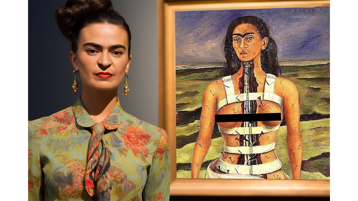Frida Kahlo with her self portrait, "The Broken Column"