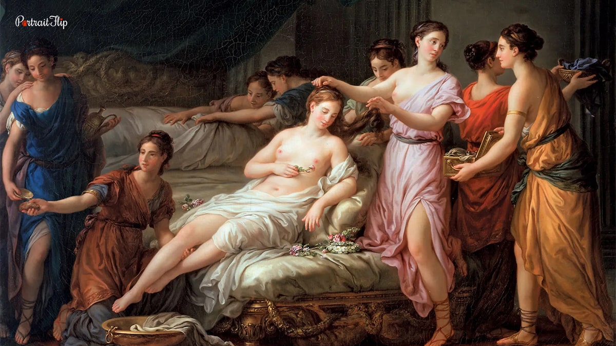 example of a neoclassical painting portraying a nude woman with her female attenders. 