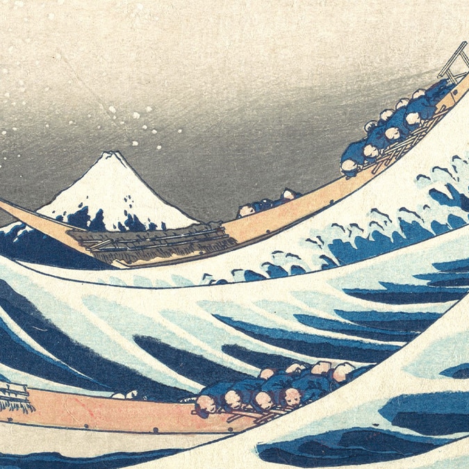 Men in boast in the art "The Great Wave off Kanagawa"