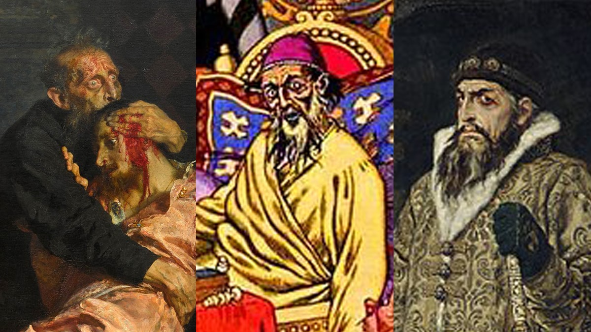 A collage of three paintings where Ivan the Terrible was depicted. 