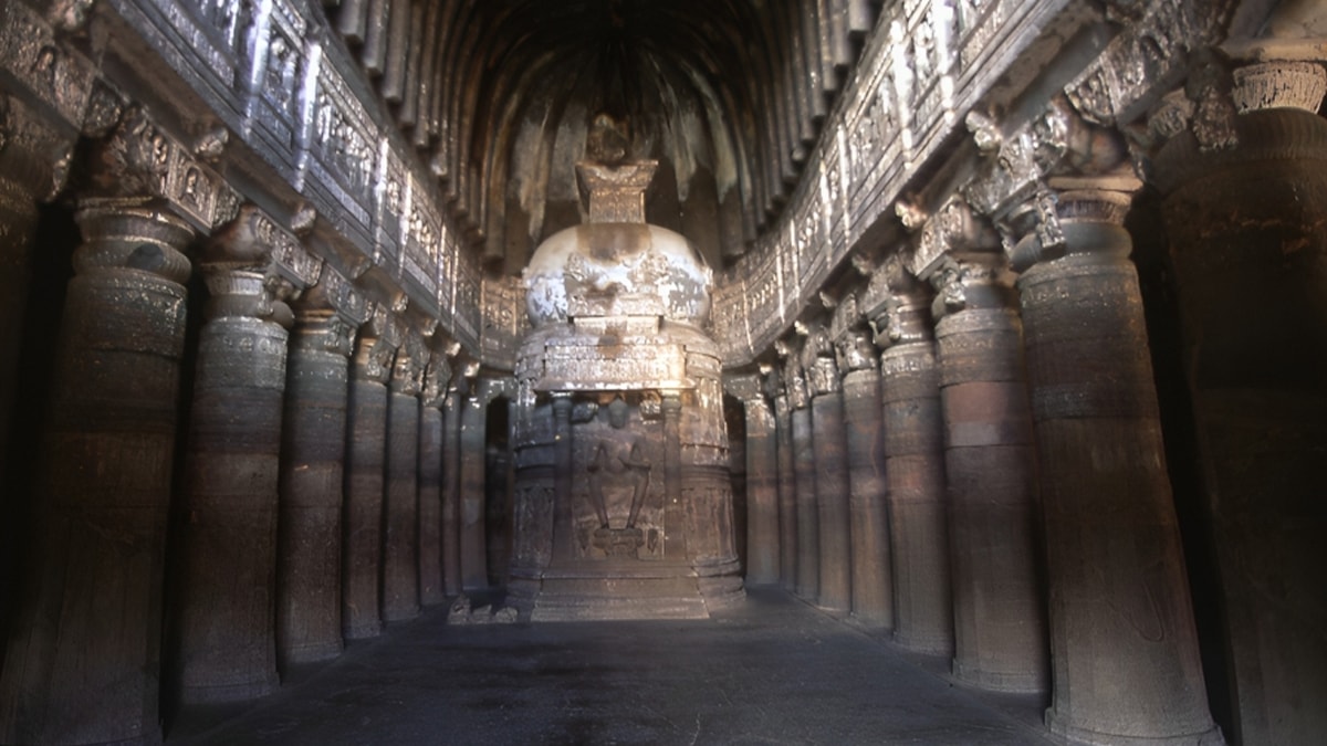 a front view of Buddha in Ajanta Caves