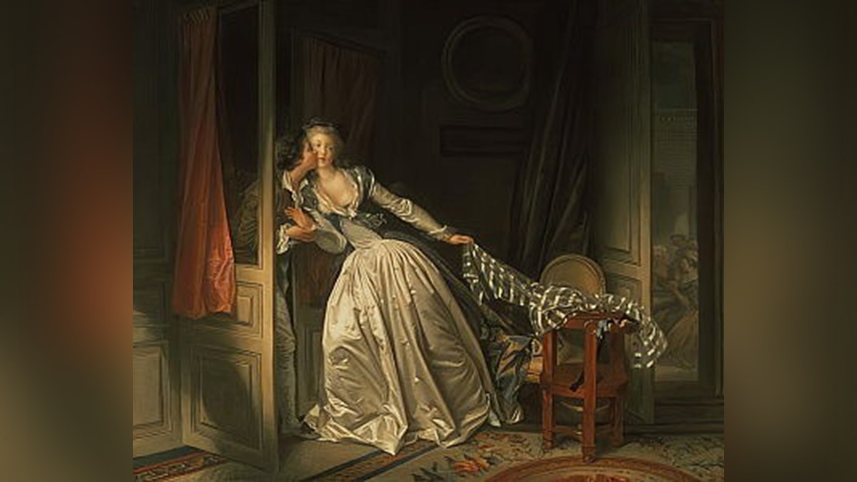 A stealing a kiss from a woman depicted in a Fragonard painting.