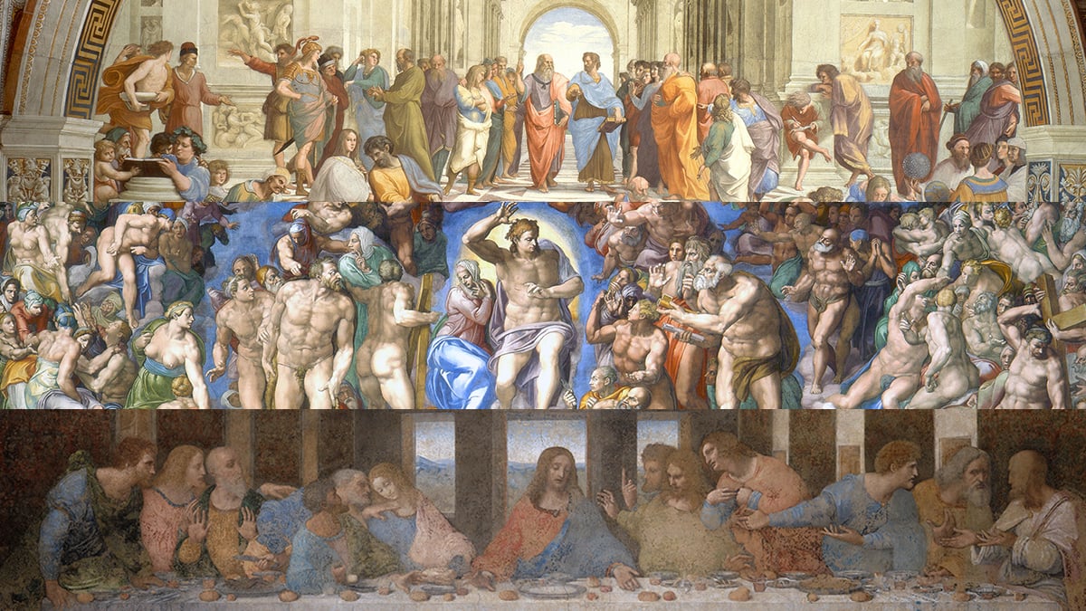 a compilation of Fresco paintings The Last Judgement, The Last Supper, The School of Athens