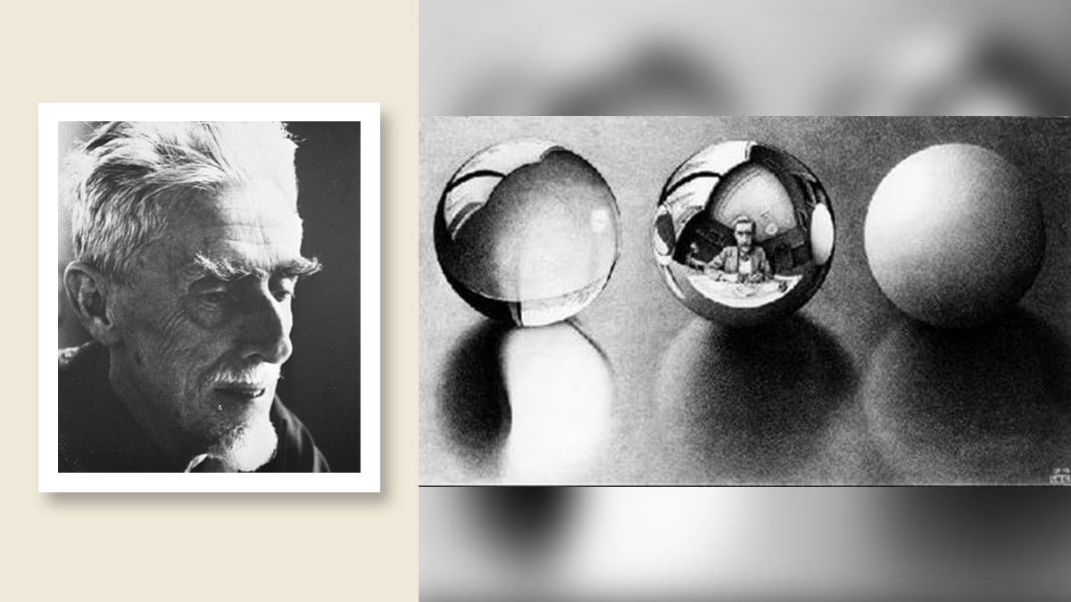 M.C. Escher and his work Three Spheres II (1946)