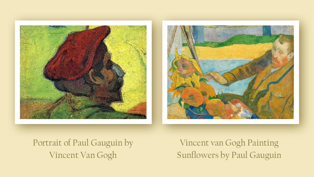 "Portrait of Paul Gauguin" by Vincent Van Gogh and "Vincent van Gogh Painting Sunflowers" by Paul Gauguin