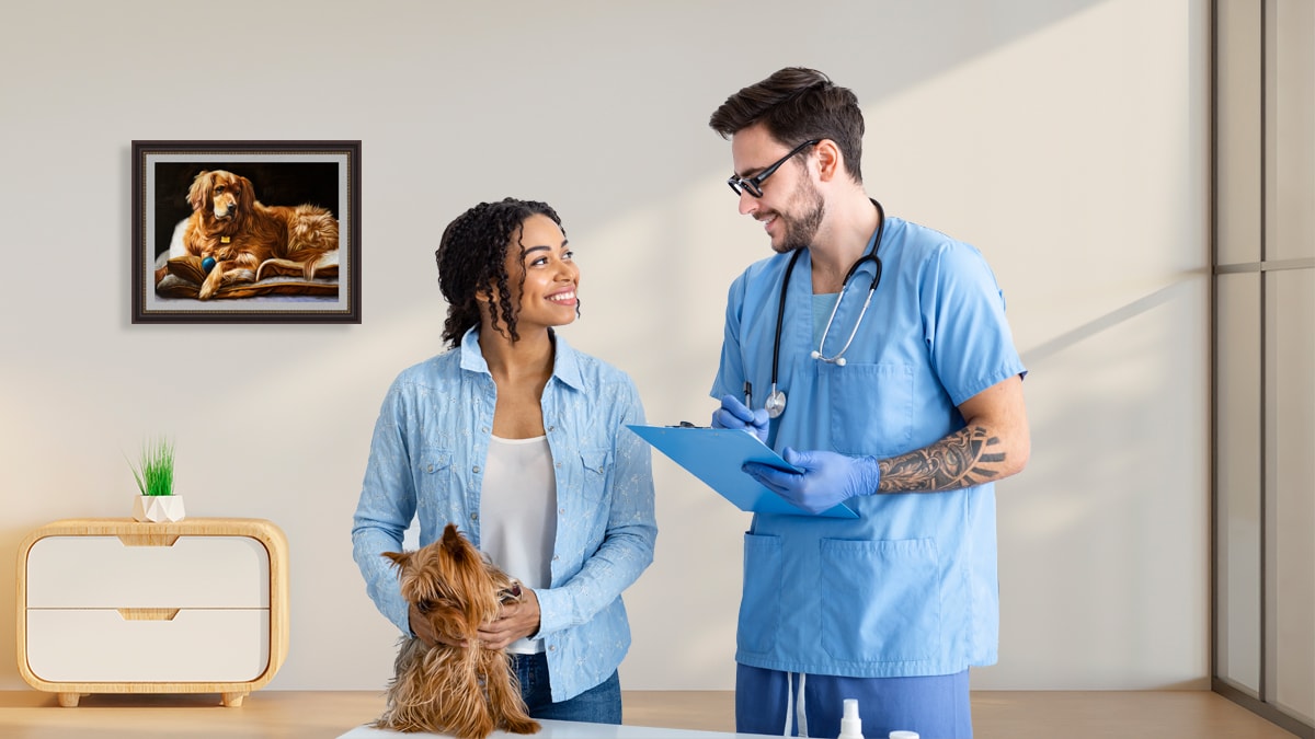 A vet and a lady exchanging a smile while petting her dog