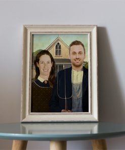 Custom portrait of a man and woman resembling the famous painting American Gothic