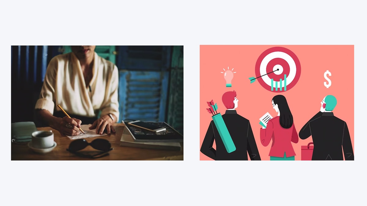 A woman planning on a paper alongside an illustration of setting a goal.