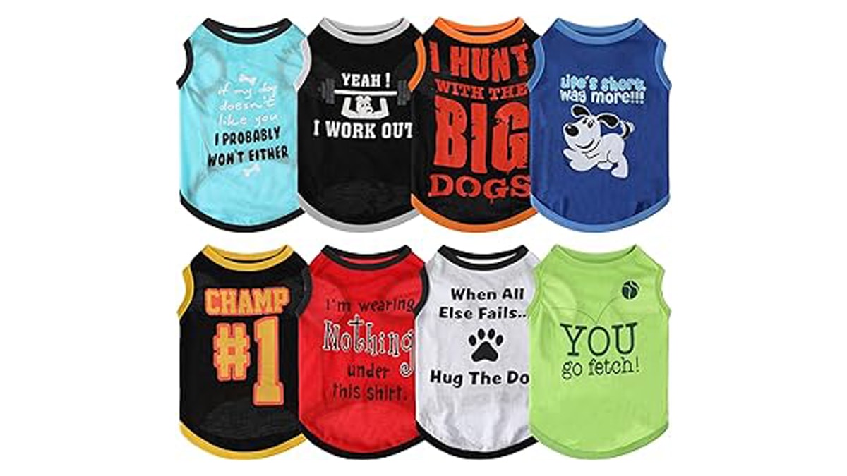 a collection of funky dog vest