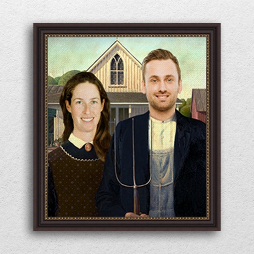 Custom portrait of a couple resembling the famous painting American Gothic