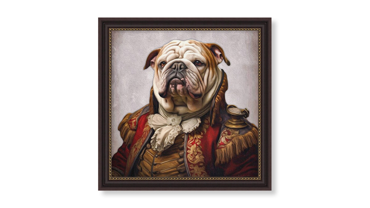 a detailed and captivating dog portrait featuring a bulldog in a monarch clothing