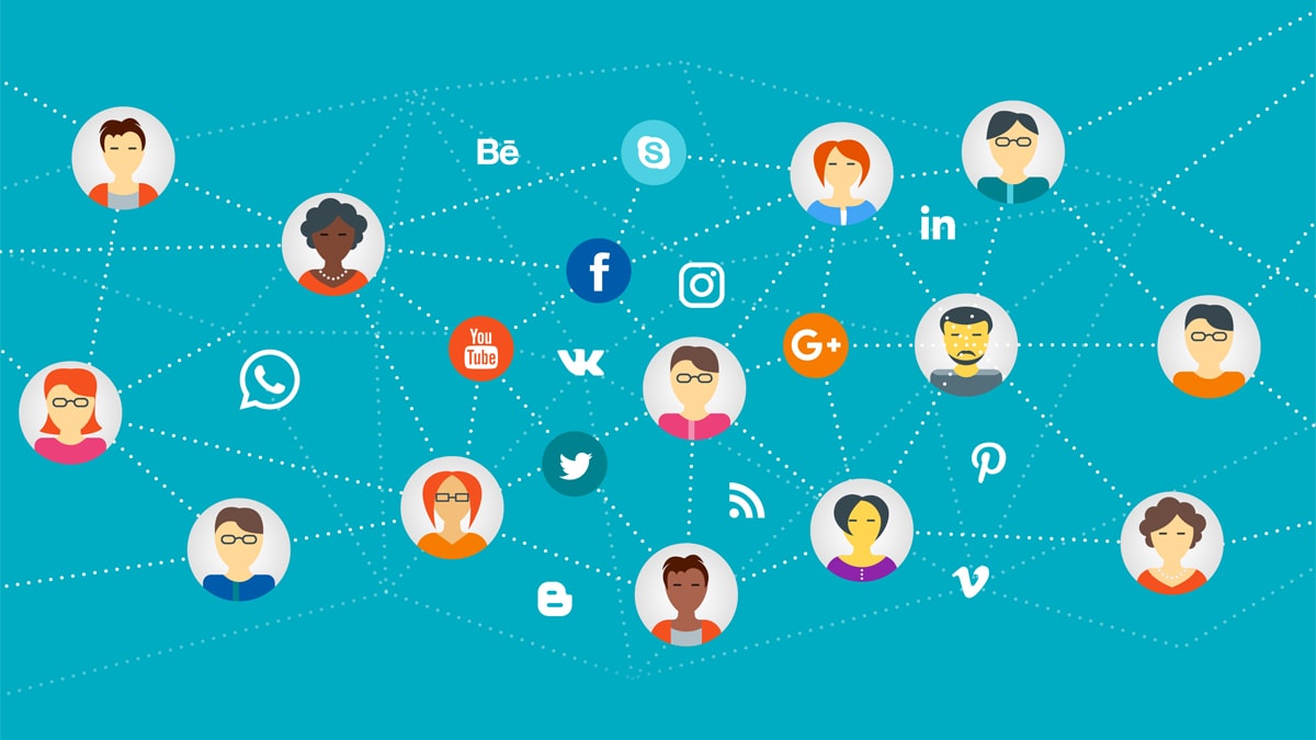 A networking web showing different people and social media apps connected to one and another.