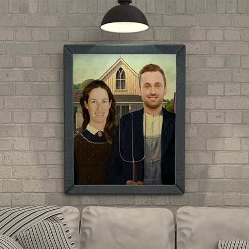 Custom portrait of a couple resembling the famous painting American Gothic mounted on wall