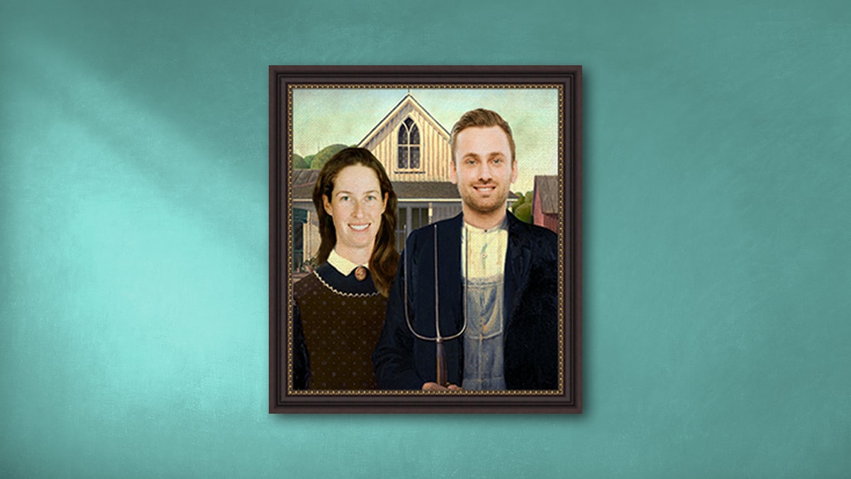 Custom portrait of a man and woman resembling the famous painting American Gothic
