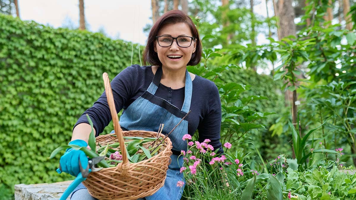 a front view of a woman who is holding a basket of leaves