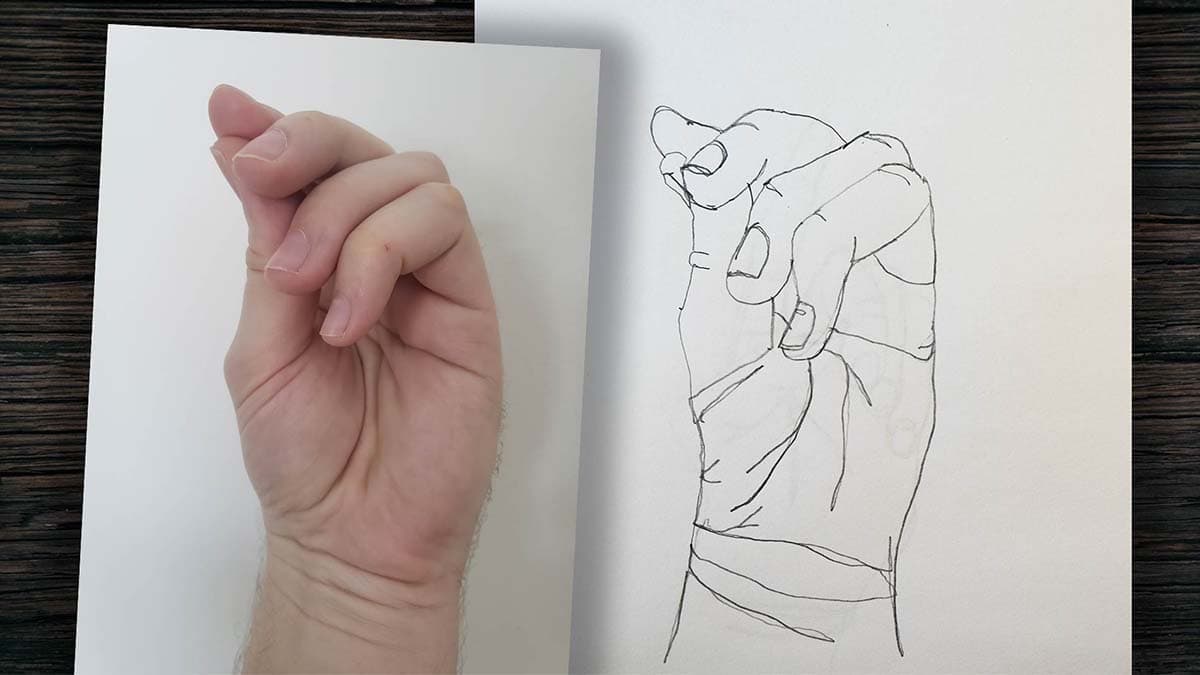 Sketch of a hand which shows contour lines 