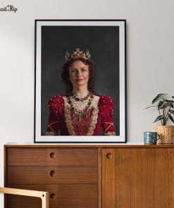 Royal Portrait of a woman dressed as Queen placed on a table