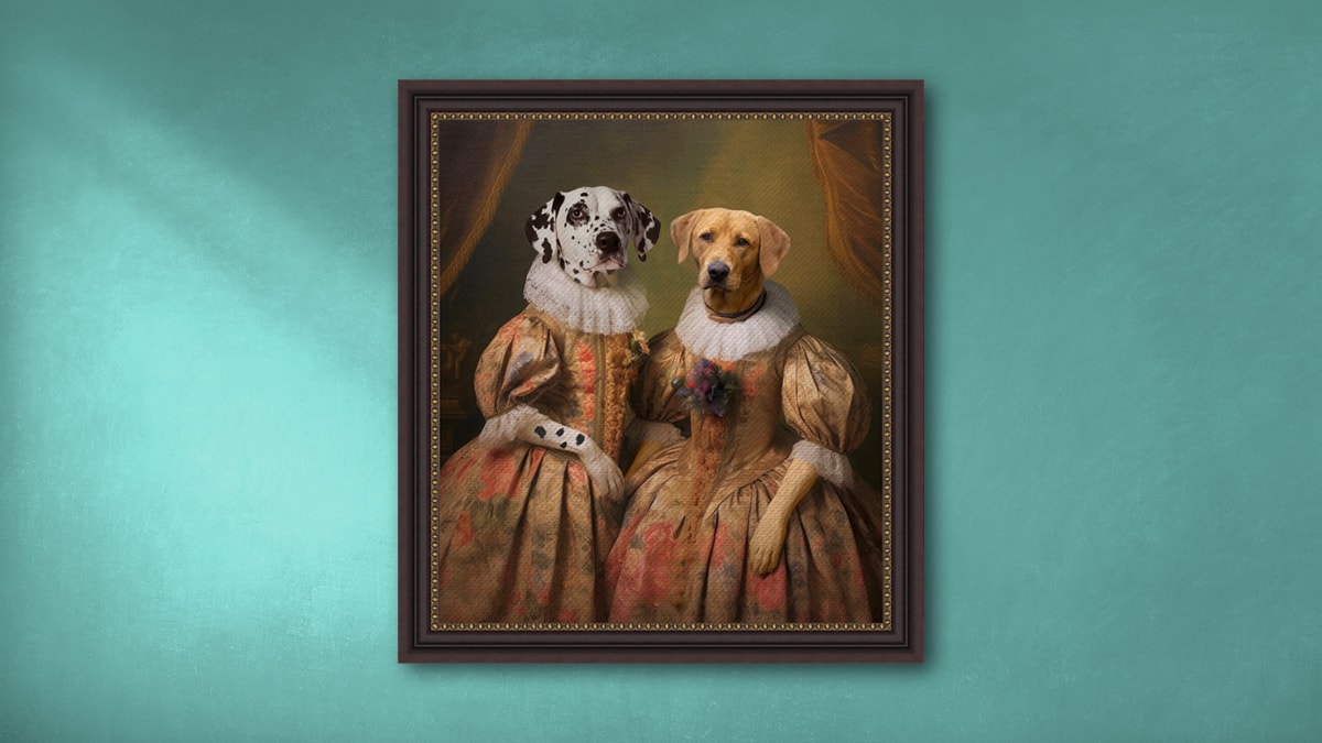 Royal Pet Portrait of two dogs dressed as mistresses