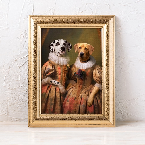 Royal Portrait of two dogs dressed as mistresses