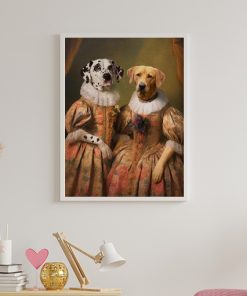 Royal Pet Portrait of two dogs dressed as mistresses mounted on wall