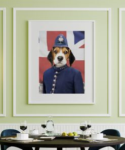 Portrait of a dog in sergeant costume mounted on wall