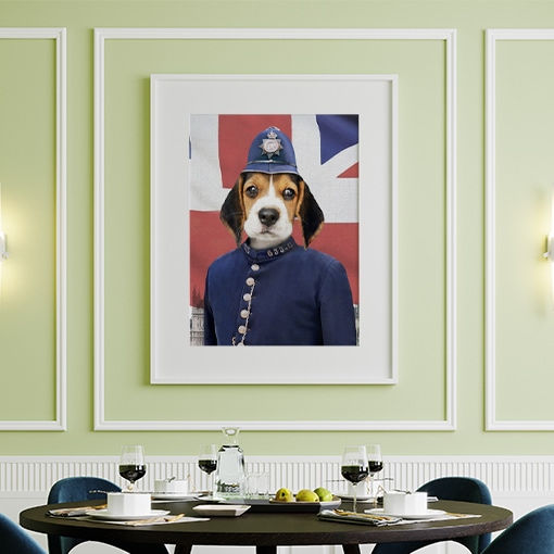 Portrait of a dog in sergeant costume mounted on wall
