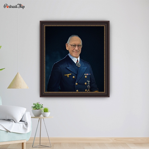 Portrait of an old man in Commander costume mounted on wall