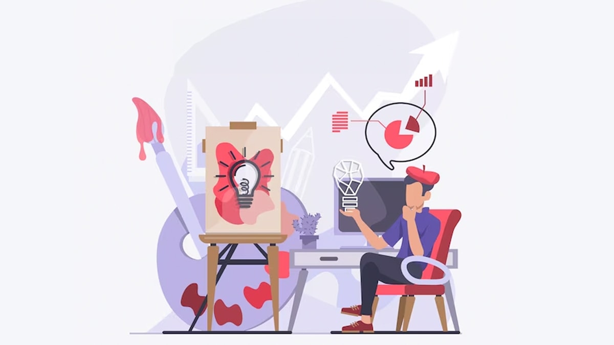 Illustration of an artist sitting with his his art and and planning.
