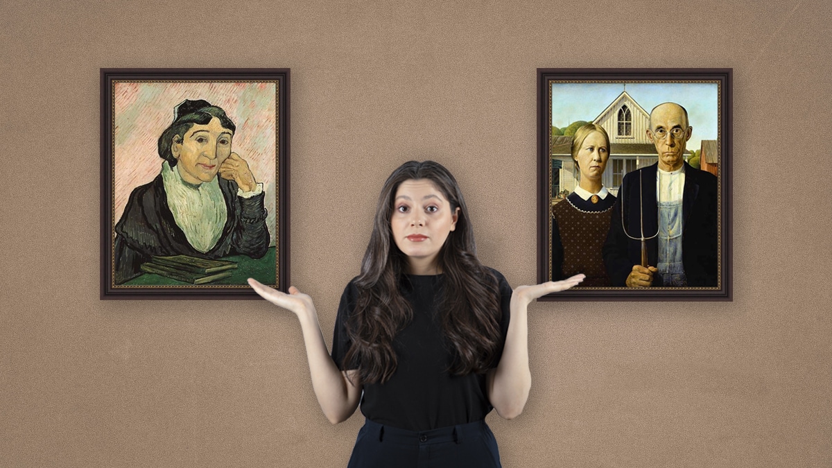 A girl questioning between two paintings