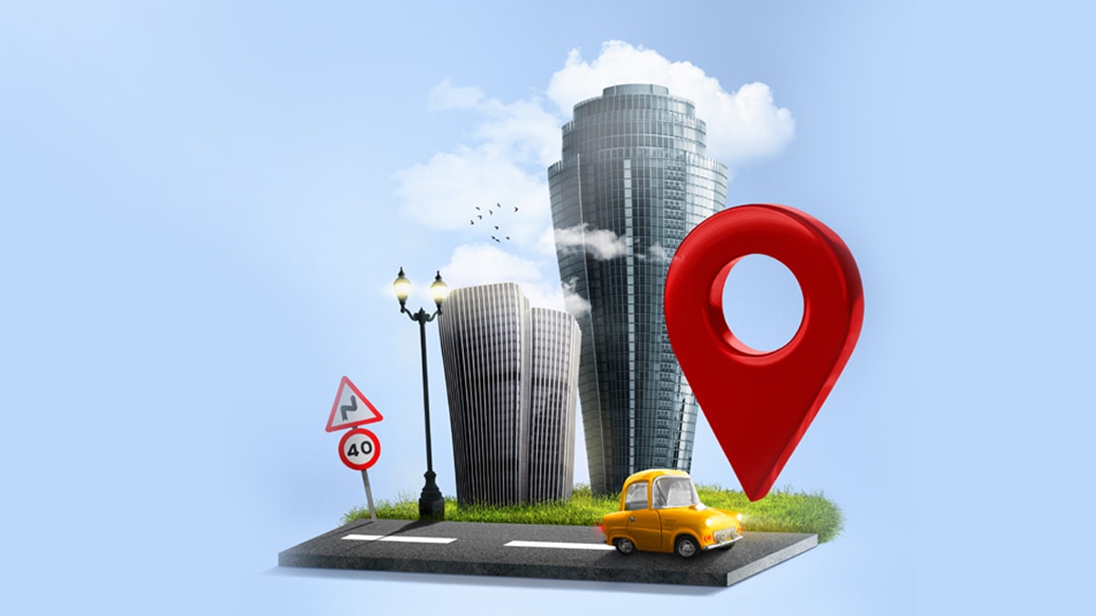 Destination of the painting featuring a building, car and map logo.