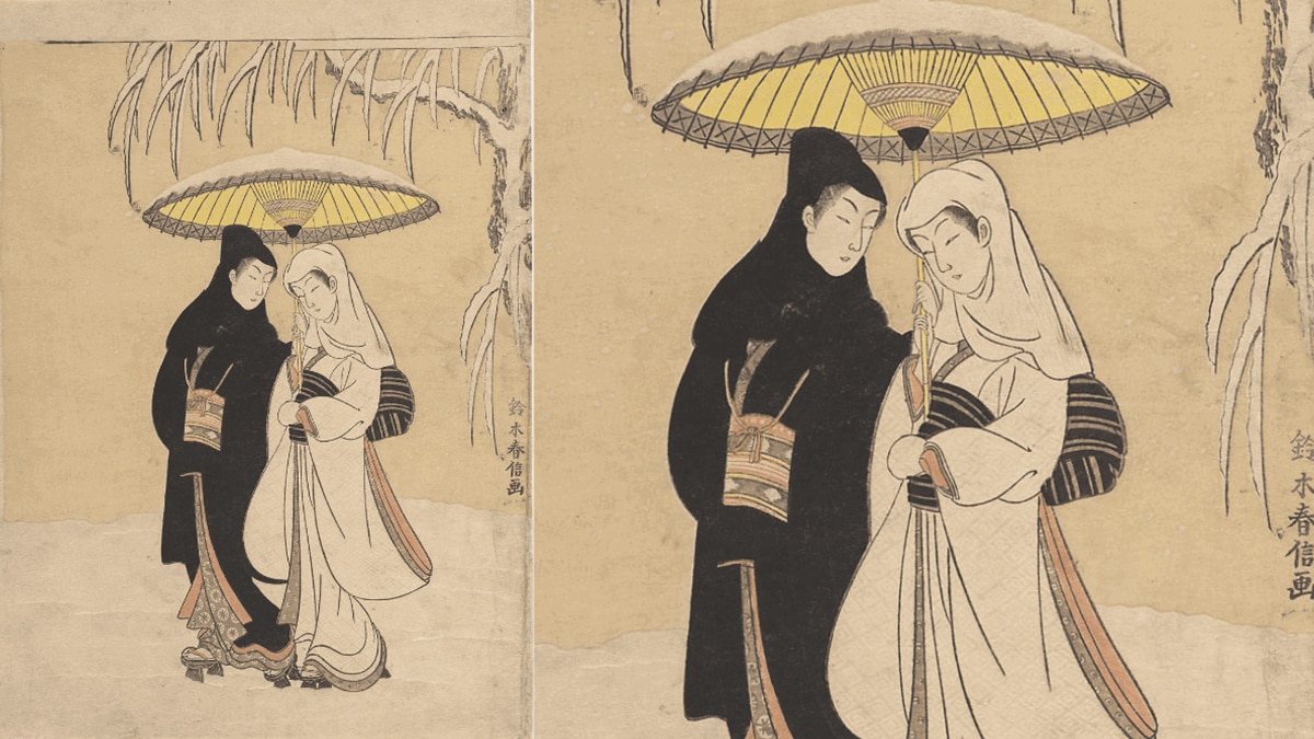 Lovers In The Snow Under An Umbrella by suzuki Harunobu