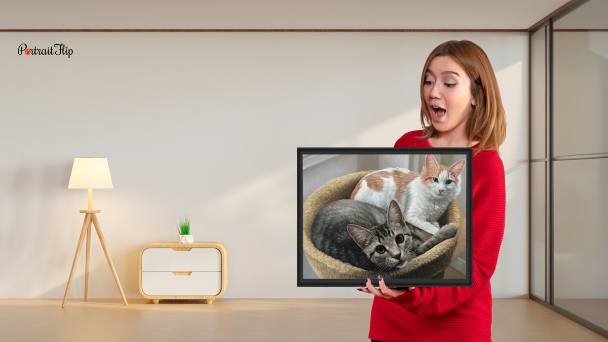 A woman getting a pet painting as a gift is surprised