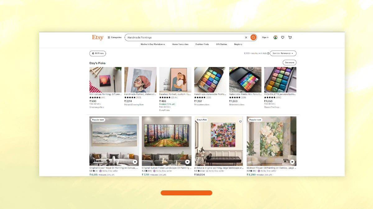 Etsy home page that is of the custom painting companies