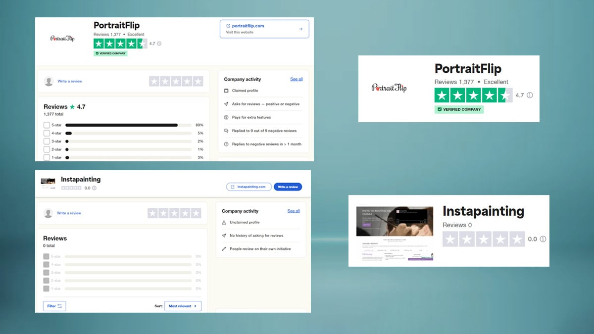 Trustpilot reviews of PortraitFlip and Instapainting