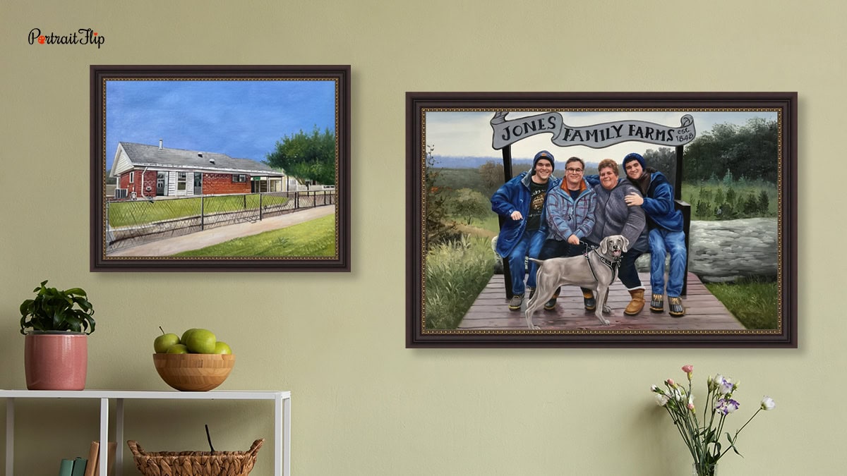 house portrait and family portrait side to side