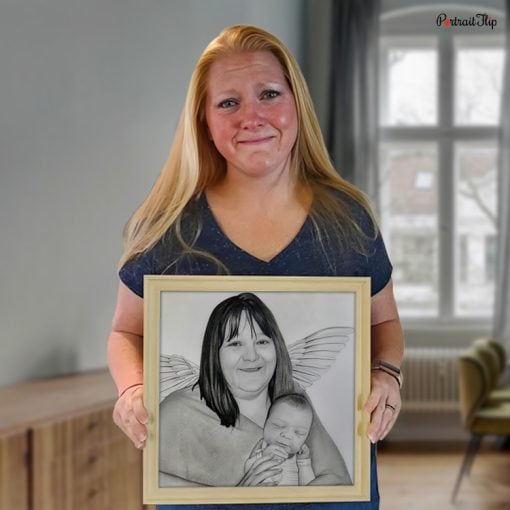 happy customer with memorial pencil portrait