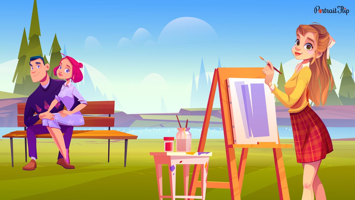 a graphical representation of an artist painting a couple