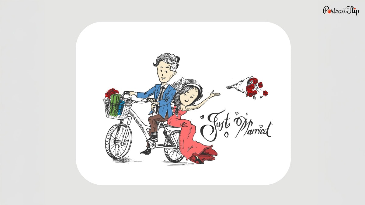 Hand-sketched painting of a couple who just got married