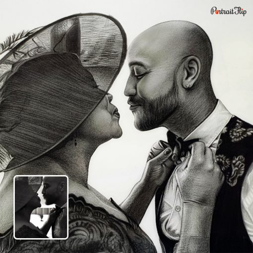 Kissing Couple Wedding Charcoal Portraits