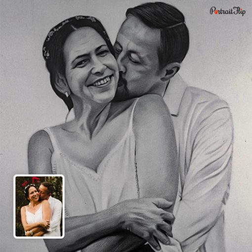 Kissing Couple Wedding Pencil Portraits
