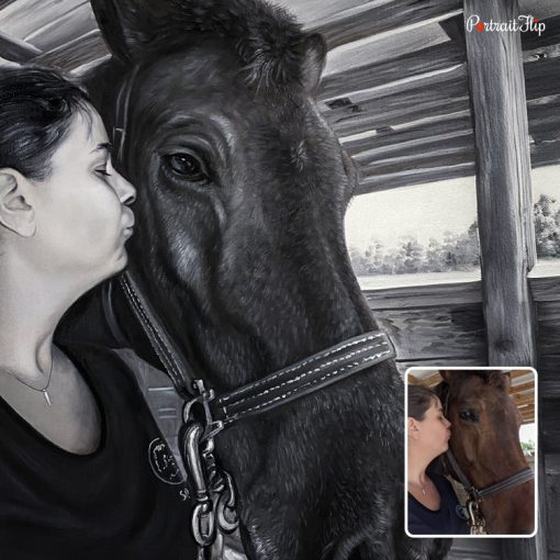 Lady kissing Horse Oil Portraits