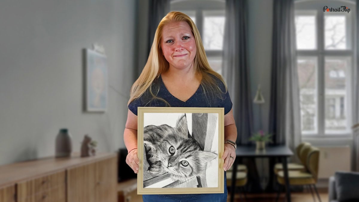 An emotional lady holding a pencil sketch of her beloved cat